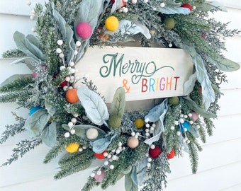 Merry and Bright 24” Colorful Christmas Wreath with Hand Painted Sign