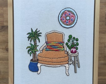 Nook 10: Peachy armchair, dracaena, pilea, rainbow cushion, and doughnut pop art. Made as a tribute to Melbourne's COVID 'doughnut days'.