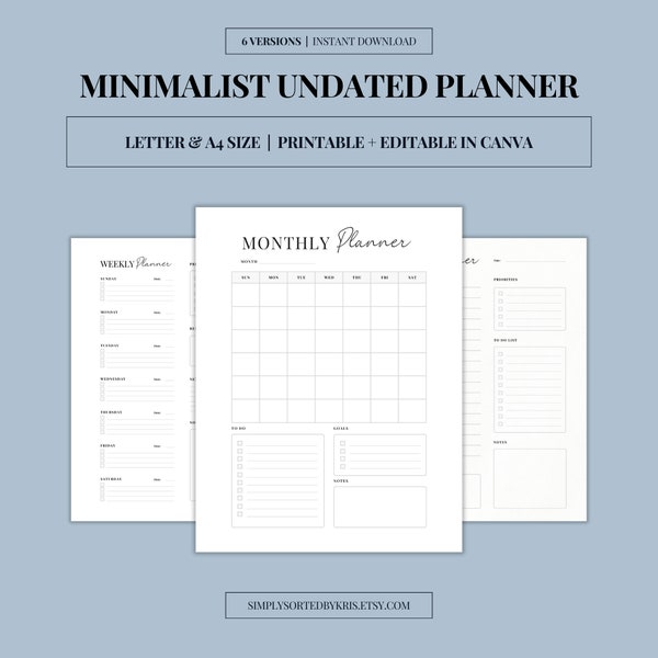 Minimalist Undated Planner: Printable/Canva Editable Monthly, Weekly, Daily Planner - US Letter, A4 Instant Download