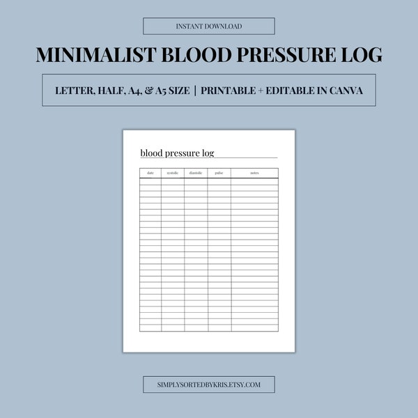 Minimalist Blood Pressure Log: Printable/Canva Editable Blood Pressure Tracker, Health Organizer - US Letter, A4, A5, Instant Download