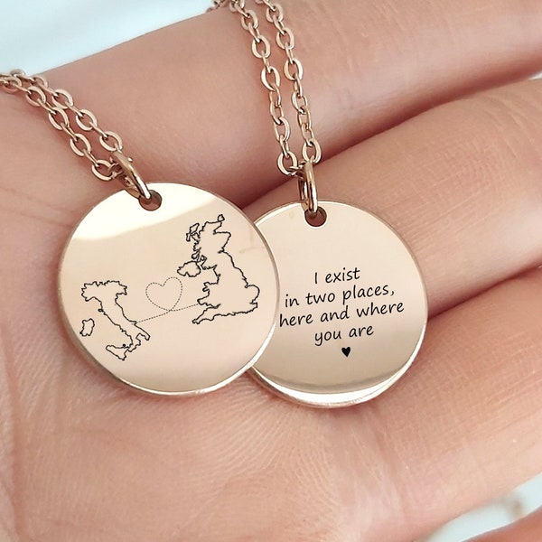 Personalized long distance relationship coin necklace with custom engraved estate or country map, going away gift for girlfriend, love gift