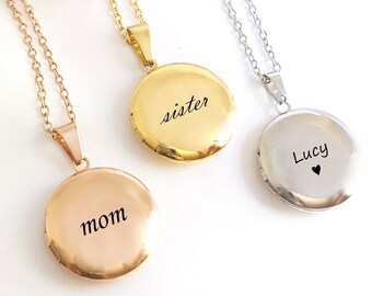 Gold locket necklace with photo, round custom engraved heirloom for picture, personalized birthday gifts for mom, daughter, grandma