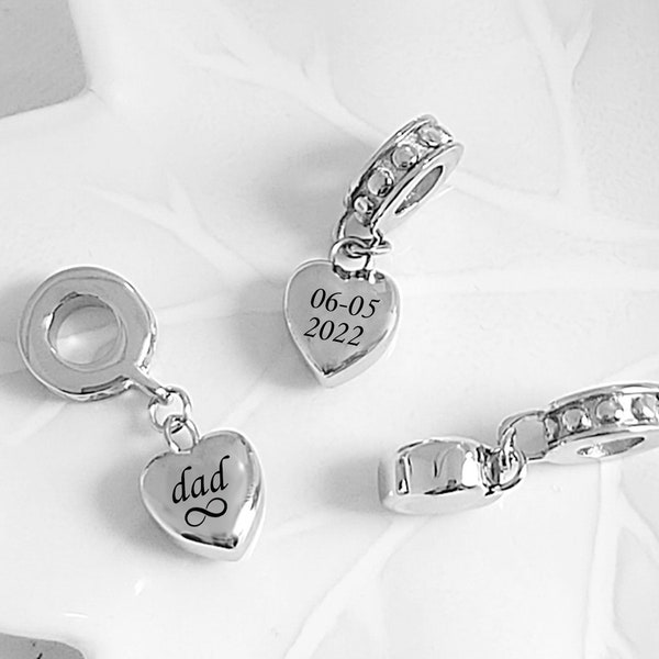 Engraved urn cremation charm for bracelet for ashes, personalized heart bead European charm, ashes keepsake, loss of loved one, dog memorial