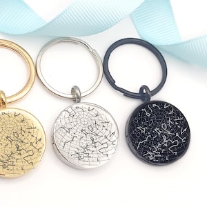 Custom engraved astrology night sky star map locket keychain with photo for couples, personalized anniversary & Valentines gifts