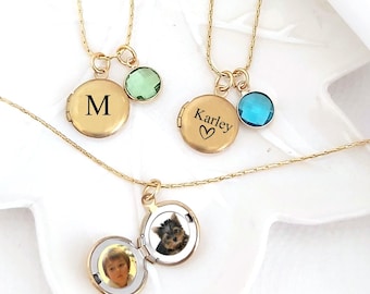 Engraved Photo Locket Necklace for Kids, custom engraved mini locket for children, Photo locket with birthstone for teens.