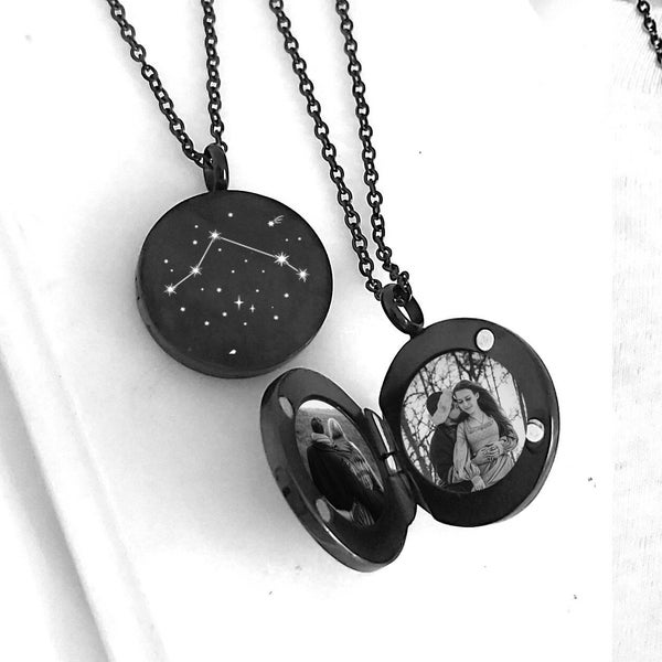 Men locket custom engraved with your constellation, astrological gifts, locket with photo for man and woman, black locket with photo