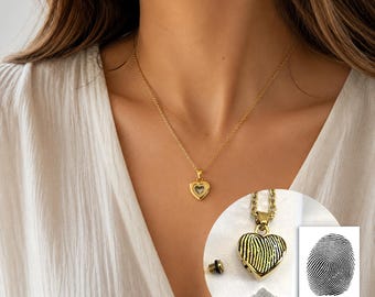 Personalized Fingerprint Heart Urn Necklace for Human Ashes, Gold Cremation Memorial Jewelry Custom engraved with Thumbprint, vial necklace