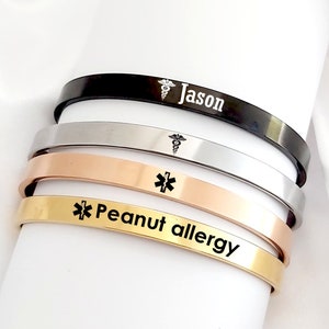 Medical bracelet for woman, personalized custom engraved alert medical jewelry for men, unisex ID medical bangle, allergy jewelry