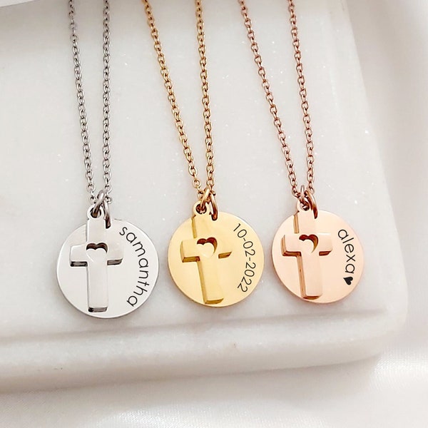 Custom engraved disc name necklace with cross, personalized first communion gift from godmother to goddaughter, religious christening gift