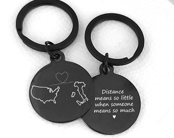 Personalized long distance relationship keychain with custom engraved estate or country map, going away gift for boyfriend, love gift