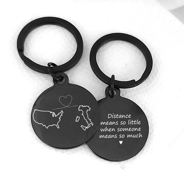 Personalized long distance relationship keychain with custom engraved estate or country map, going away gift for boyfriend, love gift