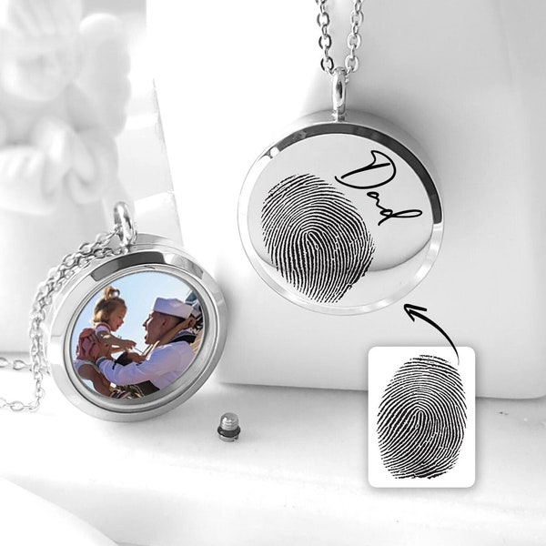 Fingerprint locket with photo and urn necklace for human ashes, custom engraved deceased thumbprint cremation jewelry, dad memorial gift