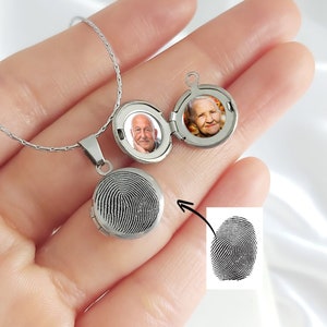 Tiny round fingerprint locket for photo necklace, custom engraved mini memorial keepsake for picture, loss of loved one sympathy gift