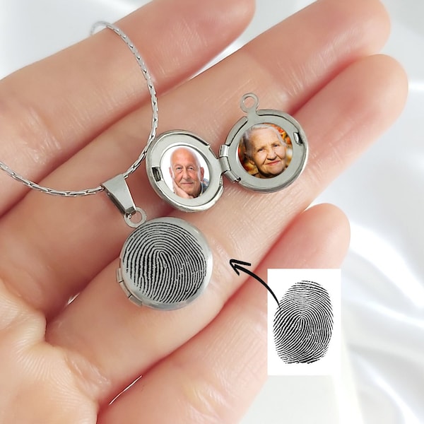 Tiny round fingerprint locket for photo necklace, custom engraved mini memorial keepsake for picture, loss of loved one sympathy gift