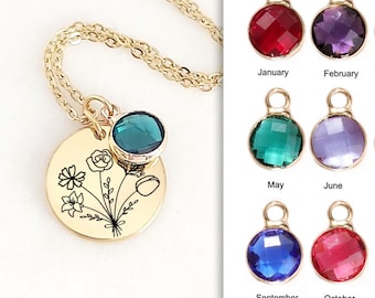 Bouquet Birth Month Flower Necklace with birthstone, Handmade Summer Jewelry, Combined Birth Flower Necklace, Family Necklace Gift for Mom