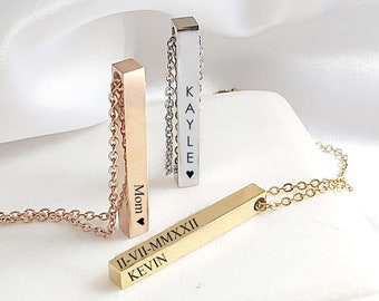 Personalized bar necklace, 4 side pendant engraved with kids names or dates, necklace for mom, anniversary gift for her, birthday gift.