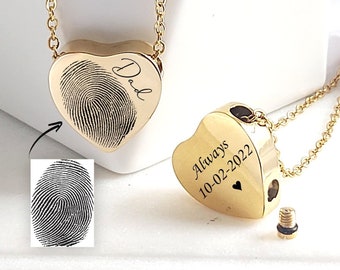 Fingerprint heart urn necklace for ashes with handwriting, deceased thumbprint memorial cremation jewelry, loss of mother, loss of father