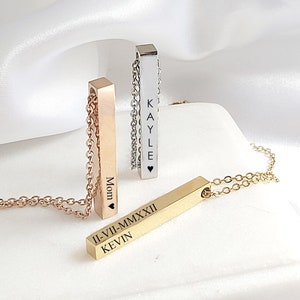 Collar de barra personalizado, colgante de 4 lados grabado con nombres de niños o fechas, collar para mamá, regalo de aniversario para ella, regalo de cumpleaños.