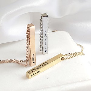 Personalized bar necklace, 4 side pendant engraved with kids names or dates, necklace for mom, anniversary gift for her, birthday gift.