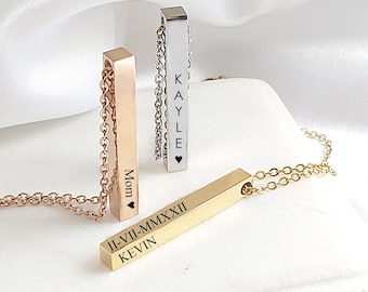 Personalized bar necklace, 4 side pendant engraved with kids names or dates, necklace for mom, anniversary gift for her, birthday gift.