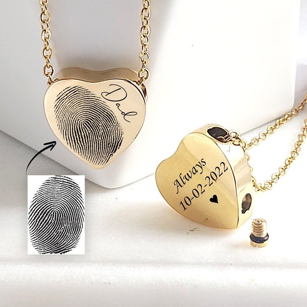 Fingerprint heart urn necklace for ashes with handwriting, deceased thumbprint memorial cremation jewelry, loss of mother, loss of father