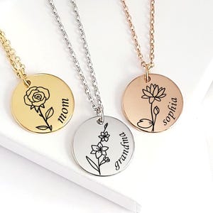 Custom Birth Flower Necklace • Personalized Name Necklace • Engraved Flower Jewelry Gift for Mom Grandma or Daughter