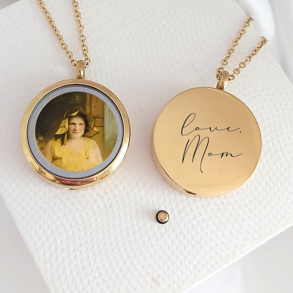 Locket necklace with photo and urn for ashes engraved with your own handwriting, custom engraved cremation jewelry, dad memorial keepsake