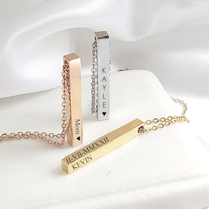 Collar de barra vertical con nombre, collar de 4 lados grabado personalizado a prueba de agua con nombres de familia, regalos de Navidad personalizados para ella y para él