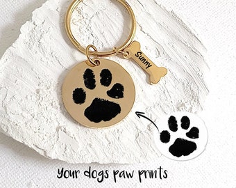 Pootafdruk sleutelhanger, op maat gegraveerd huisdier gedenkteken ronde sleutelhanger, kat sleutelhanger, hond moeder cadeau, verlies van hond sympathie cadeau, hond eigenaar cadeau