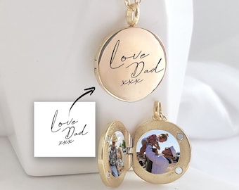 Handwriting necklace, custom engraved gold locket with photo, grief cremation sympathy memorial jewelry, loss of mother, loss of father