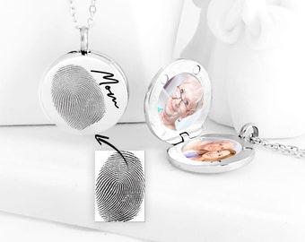 Fingerprint necklace locket with photo, custom engraved pendant with picture, memorial grief cremation handwriting jewelry, loss of father