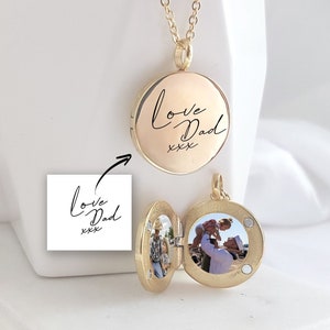 Handwriting necklace, custom engraved gold locket with photo, grief cremation sympathy memorial jewelry, loss of mother, loss of father