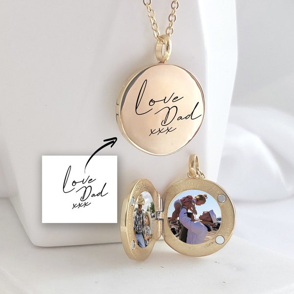 Handwriting necklace, custom engraved gold locket with photo, grief cremation sympathy memorial jewelry, loss of mother, loss of father