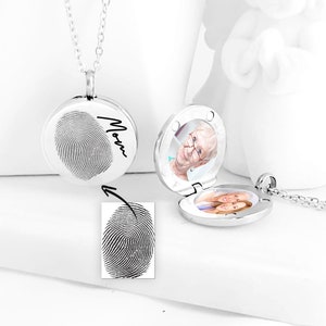 Fingerprint necklace locket with photo, custom engraved pendant with picture, memorial grief cremation handwriting jewelry, loss of father