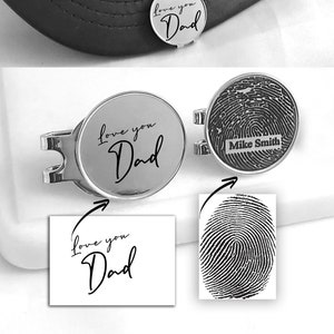 Personalized golf hat magnetic clip and ball marker engraved with fingerprint or your own handwriting, memorial gift, loss of dad, grandad