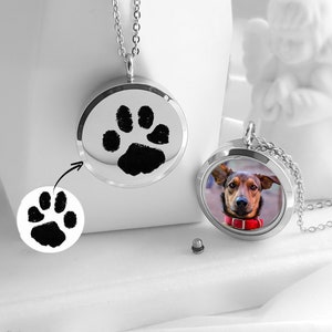 Paw print memorial locket with photo and urn necklace for pet ashes, custom engraved dog memorial gift, pawprint necklace with picture