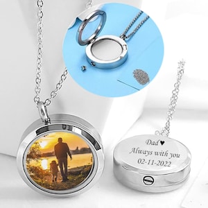Locket with photo and urn necklace for ashes, custom engraved cremation jewelry, dad memorial vial necklace, grief gift, loss of mother