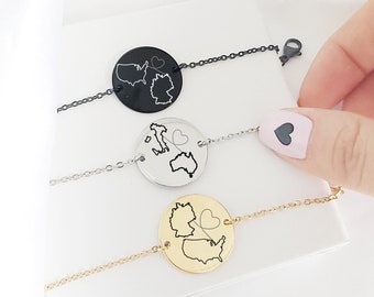 Pulsera personalizada de monedas de relación de larga distancia con mapa de finca o país grabado personalizado, regalo de despedida para novia, regalo de amor