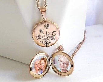 Combined birth flower locket necklace with photo and engraving, round locket with up to 7 birth month flowers, gift for mom and grandma