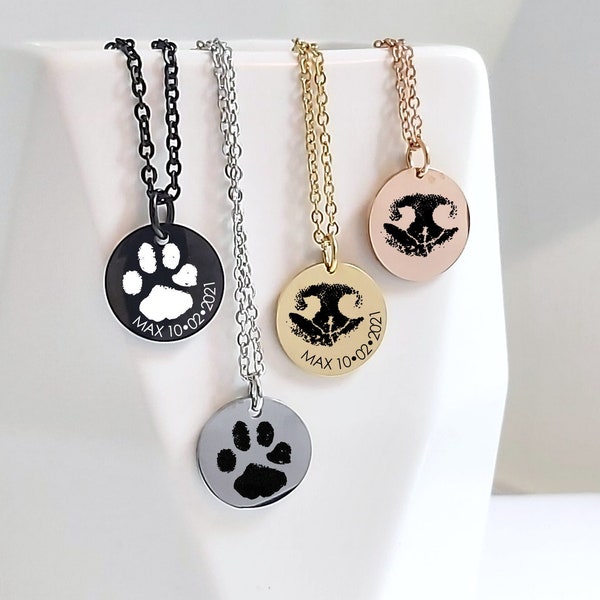 Collier empreinte de patte, pendentif empreinte nez de chien gravé personnalisé, bijoux commémoratifs personnalisés pour animal de compagnie, cadeau de sympathie pour la perte d'un chien, cadeau de crémation pour animal de compagnie