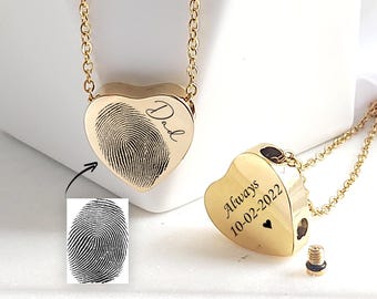 Fingerprint heart urn necklace for ashes with handwriting, deceased thumbprint memorial cremation jewelry, loss of mother, loss of father