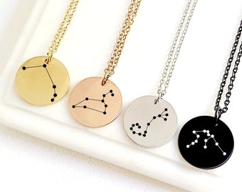 Round disc constellation necklace, zodiac sign unisex jewelry, personalized birthday space galaxy stars pendant for girlfriend and boyfriend