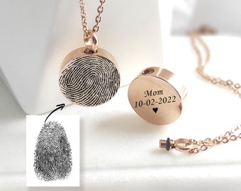 Fingerprint necklace, round custom engraved urn necklace for human ashes, keepsake cremation jewelry, dad memorial gift, loss of father