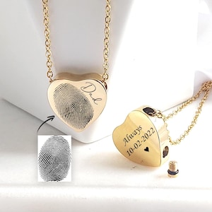 Fingerprint heart urn necklace for ashes with handwriting, deceased thumbprint memorial cremation jewelry, loss of mother, loss of father