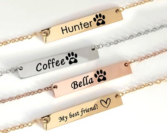 Dog paw necklace with name, custom engraved pet memorial gift, Dog mom necklace, personalized paw print bar necklace for woman, cat mom.