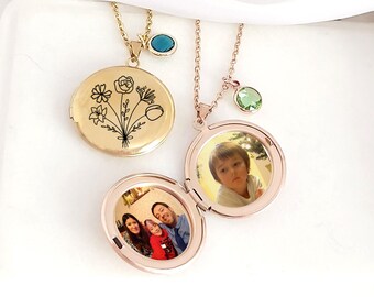 Birth Flower Locket necklace with photo and engraving for grandma, family bouquet combined birth month flower necklace for mom.