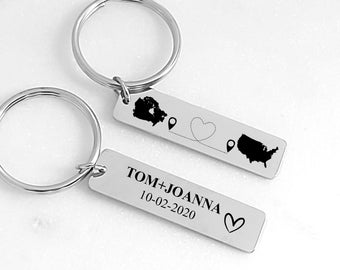 Personalized long distance relationship keychain with custom engraved estate, country, city map and coordinates, going away gift for him