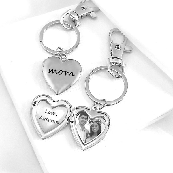 Heart locket keychain with photo, waterproof engraved locket with picture, personalized birthday & wedding gift for mom from daughter