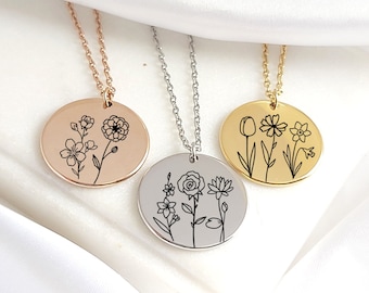 Combined Birth Flower Necklace, custom engraved Birth Month flower bouquet coin pendant, personalized birthday gift for mom, sister, wife