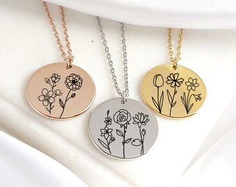Collier Personnalisé Photo Avec Nom & Fleur De Naissance - Pendentif Médaillon En Argent Ou Laiton - Cadeau Femme - 3